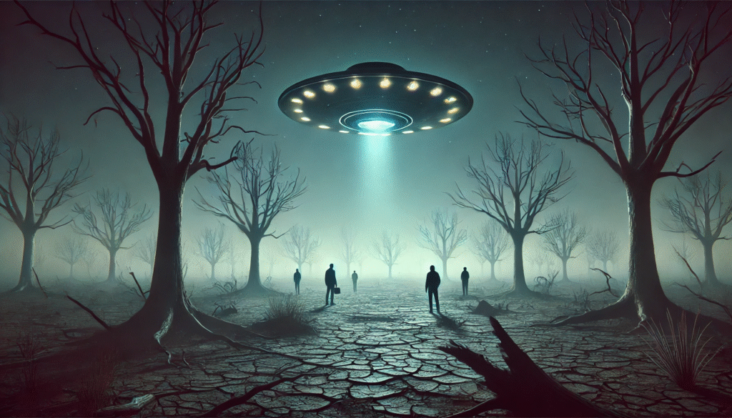 UFO hovers over barren landscape, dead trees and five shadowy figures